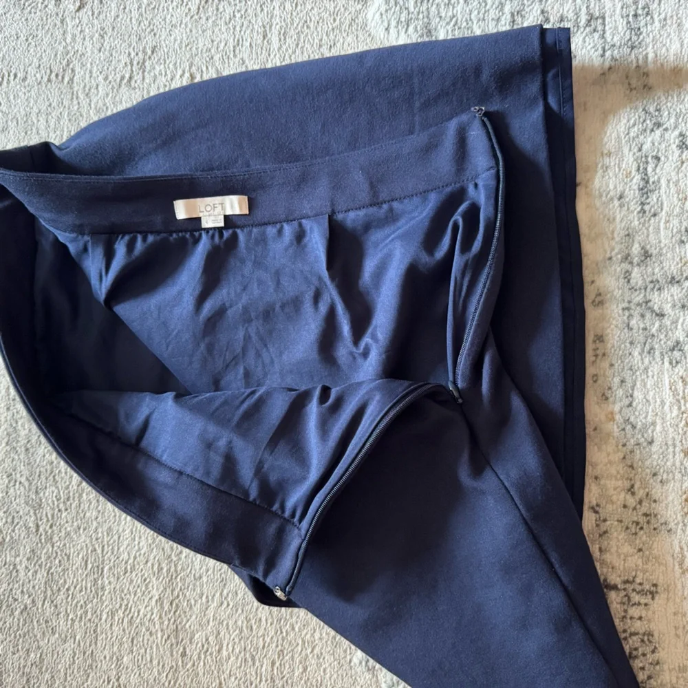 Ann Taylor Loft rich navy faux wrap asymmetrical skirt with faux pocket accent